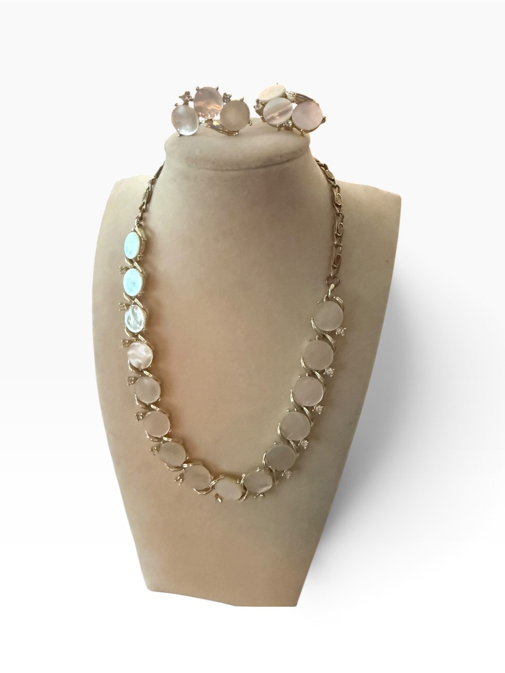 Vintage Lisner Mother of Pearl Rhinestone Necklace & Earrings Set - Picture 7 of 9